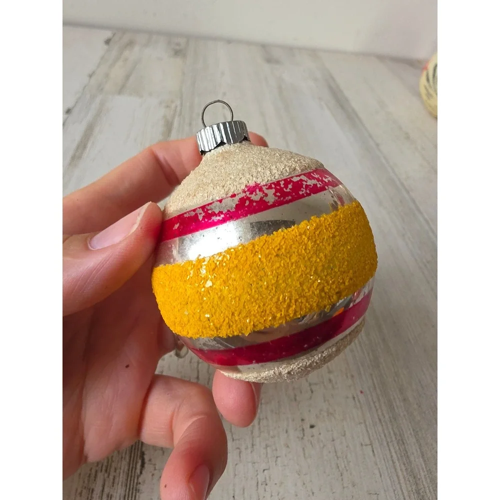 Vintage shiny Brite ornament Mica yellow striped Xmas tree red